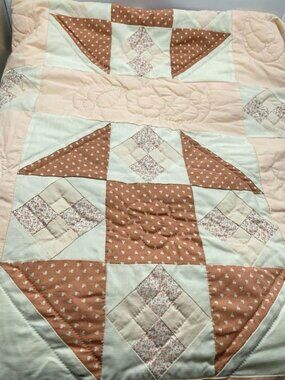Vintage Handmade Patchwork Queen Size Quilt, Hand-Quilted, Peach & Cream